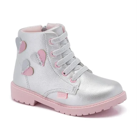 Bota Infantil Feminina Klin Rock Mini Prata E Rosa Com Corações