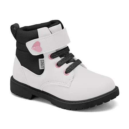 Bota Coturno Infantil Feminina Klin Branca com Detalhes Pretos e Rosa