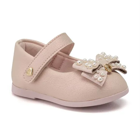 Sapatinho Bebê Menina Rosa Metálico Com Laço De Pérolas