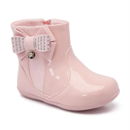 Bota Infantil Rosa Verniz Com Laço E Brilho