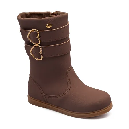 Bota Infantil Menina Klin Marrom Com Fivelas De Coração