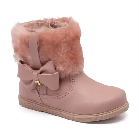 Bota Infantil Fofinha Rosé Com Laço E Pelinhos
