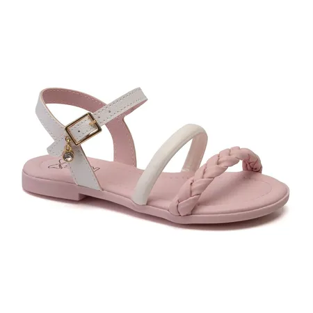 Sandália Infantil Feminina Rosa E Branca Com Tiras Trançadas E Charme