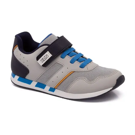 Tênis Infantil Klin Com Velcro E Cadarço Elástico Cinza E Azul