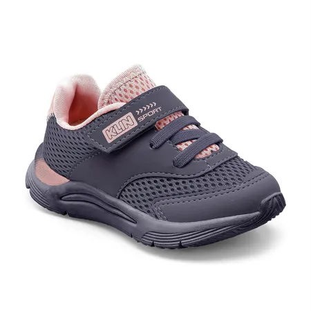 Tênis Infantil Klin Sport Com Velcro E Cadarço Elástico - Chumbo E Rosa