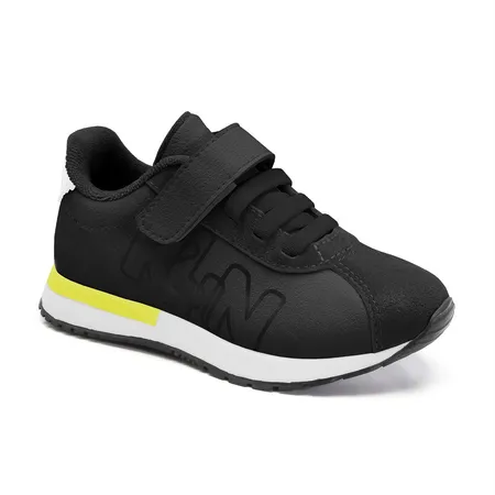 Tênis Infantil Fofinho Com Velcro E Cadarço Elástico Preto E Amarelo