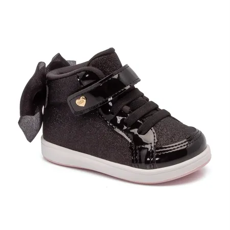 Tênis Infantil Cano Alto Glitter Preto Com Laço De Princesa
