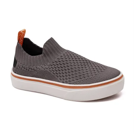 Tênis Slip-On Infantil Knit Fofinho Cinza Com Detalhe Laranja