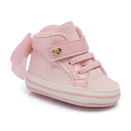 Tênis Botinha Bebê Fofura Rosa Com Glitter E Laço