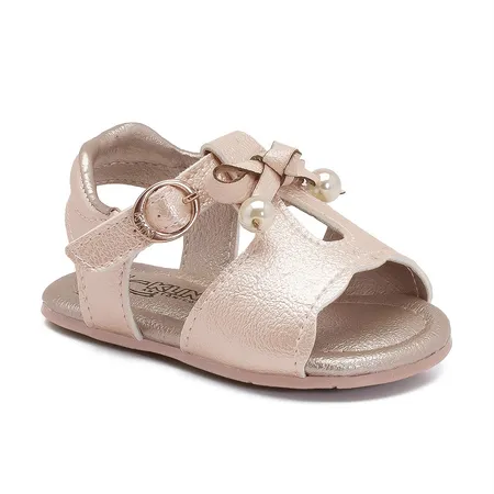 Sandália De Bebê Rosé Com Laço E Pérolas