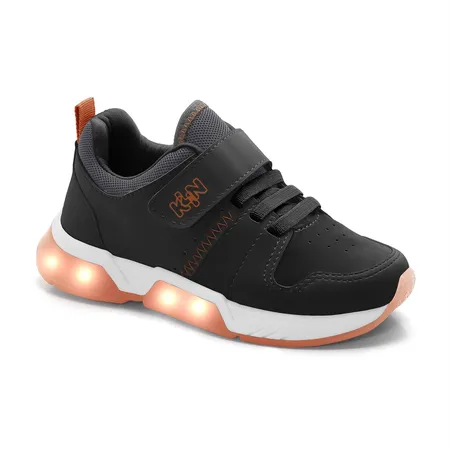 Tênis Infantil K*N Com Luzes Led E Velcro - Preto E Laranja