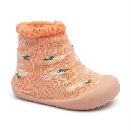 Sapatinho Meia Fofinho Para Bebê Antiderrapante Com Margaridas Pêssego